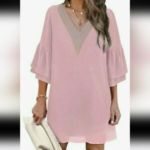 Dress Pink V-Neck Bell Sleeve Boho